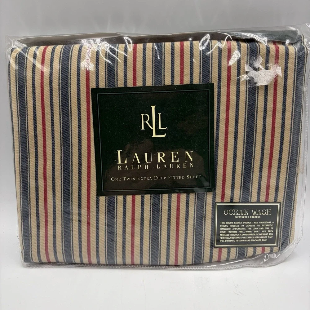 Ralph Lauren Chadwick Stripe Twin Fitted‎ Sheet New Rare Red Blue Stripe NOS